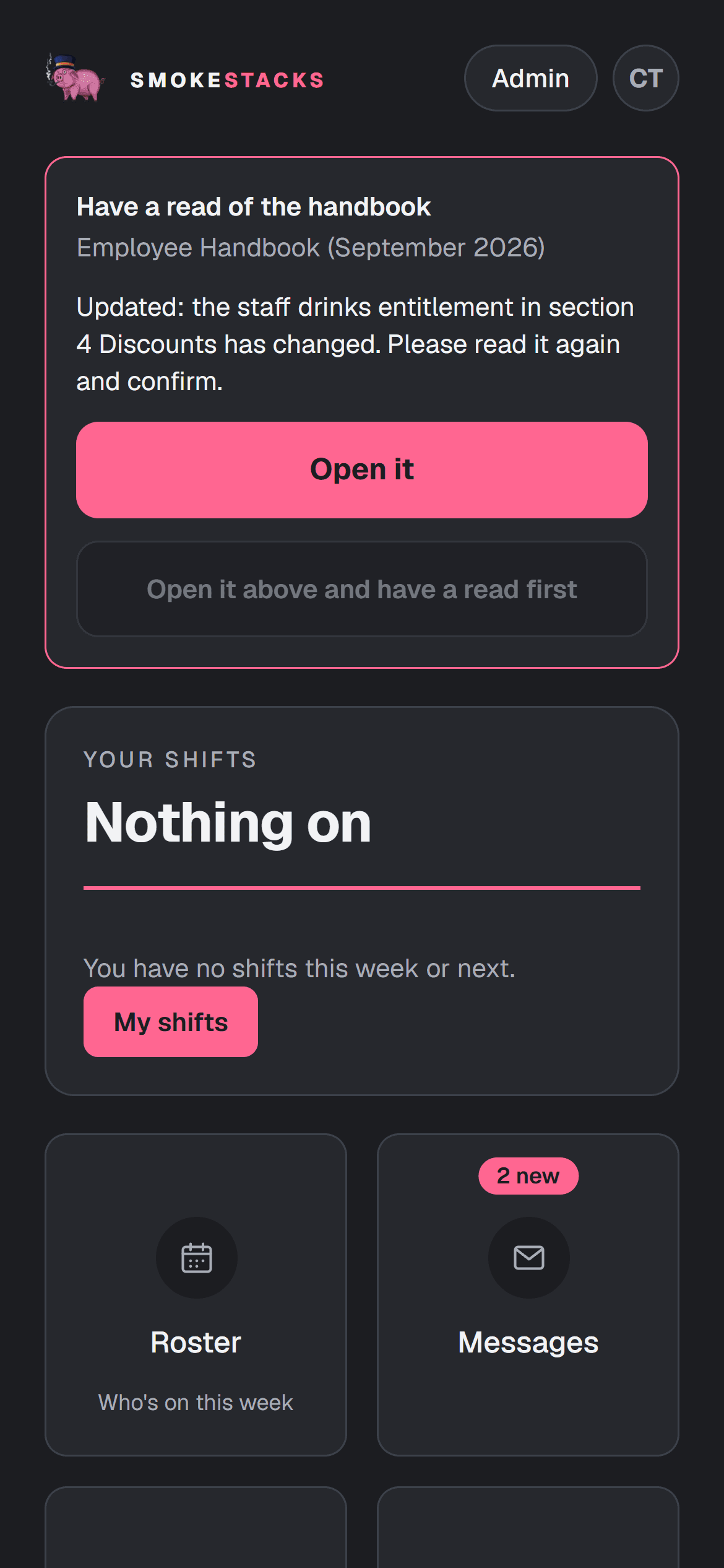 The staff view on a phone, showing this week's shifts and unread messages