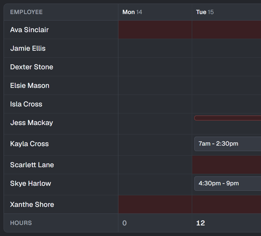 A week of the roster, with every person's shifts laid out across the days